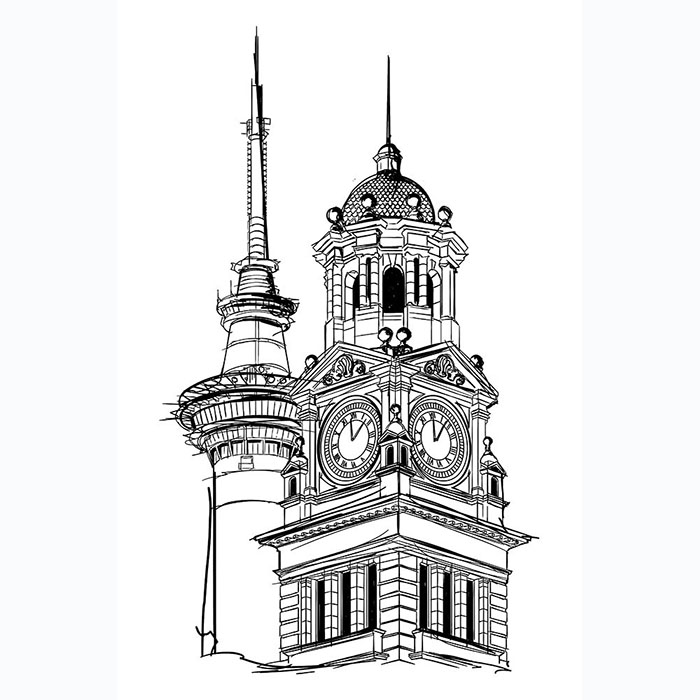 New Zealand sketch of Sky Tower & Town Hall Clock Tower by Shehzad Afzaal