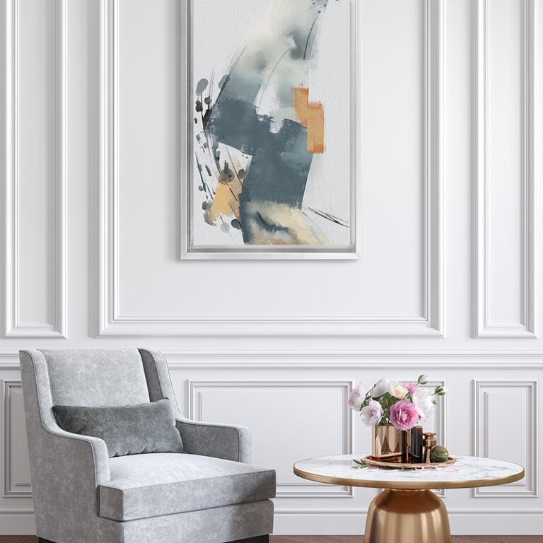 Classic white interior with gray armchair, coffe table, flowers and wall moldings. 3d render illustration mockup.