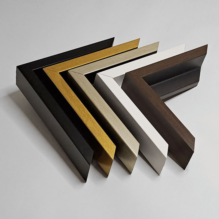 Close-up of floater frame corners in black, white, wood, and gold finishes for canvas artwork.