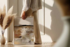 Modern Dubai living room with earthy tones and large canvas wall art