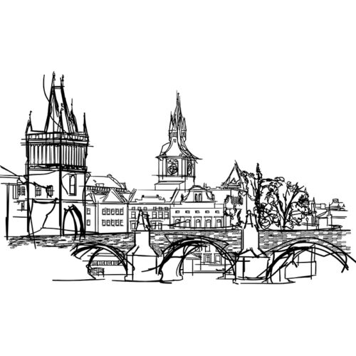 Charles-Bridge-Sketch of Prague Czech Republic showing historic Charles Bridge architecture