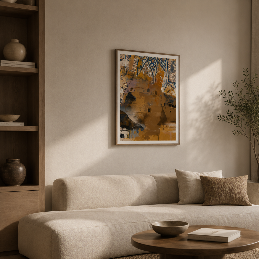 image showing a framed poster on a wall in room.