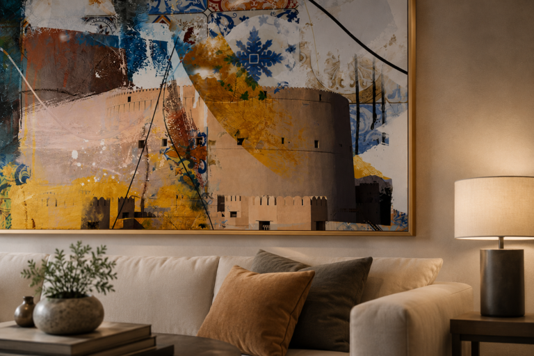 Large wall art in a modern Dubai living room