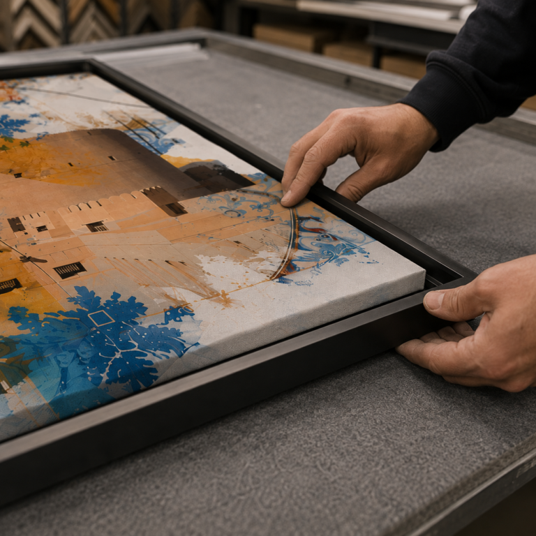 Large canvas artwork being fitted into a black floater frame