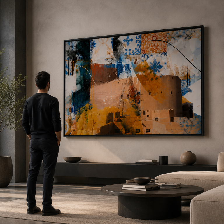 Large framed wall art in a modern Dubai interior