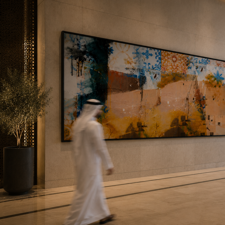 Large wall art in a luxury Dubai lobby