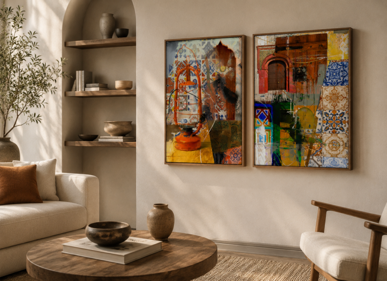 Canvas artwork set of two in a modern Dubai living room
