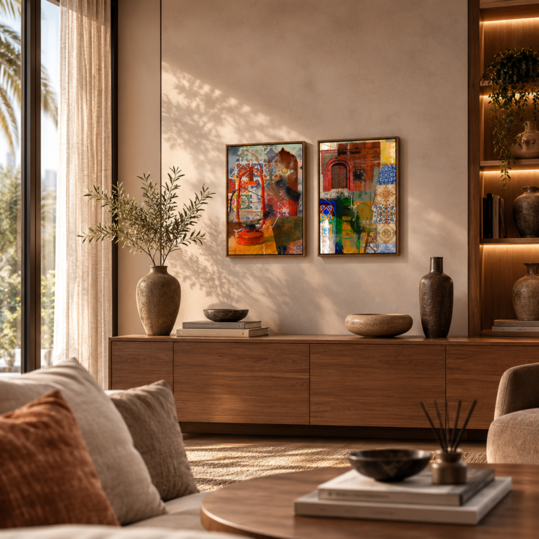 Two canvas artwork sets in wooden floating frames styled in a modern Dubai living room