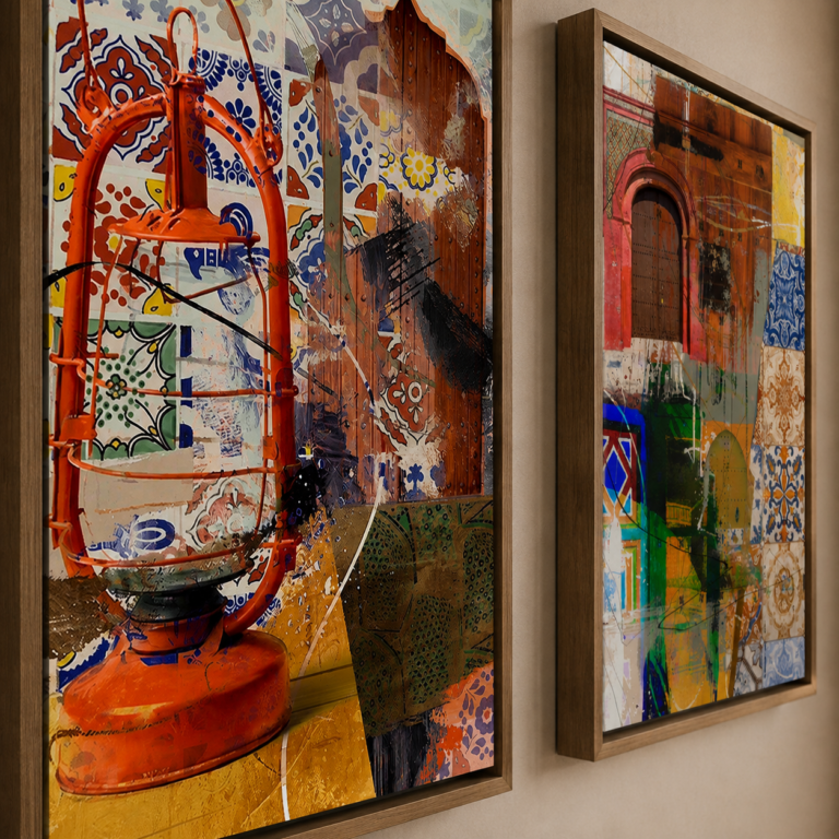 Paired canvas paintings in wooden floating frames for a modern interior in Dubai
