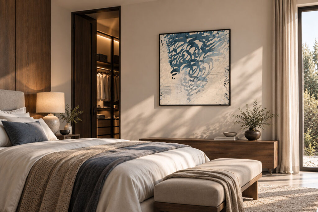 Wall art displayed above a bed in a modern bedroom