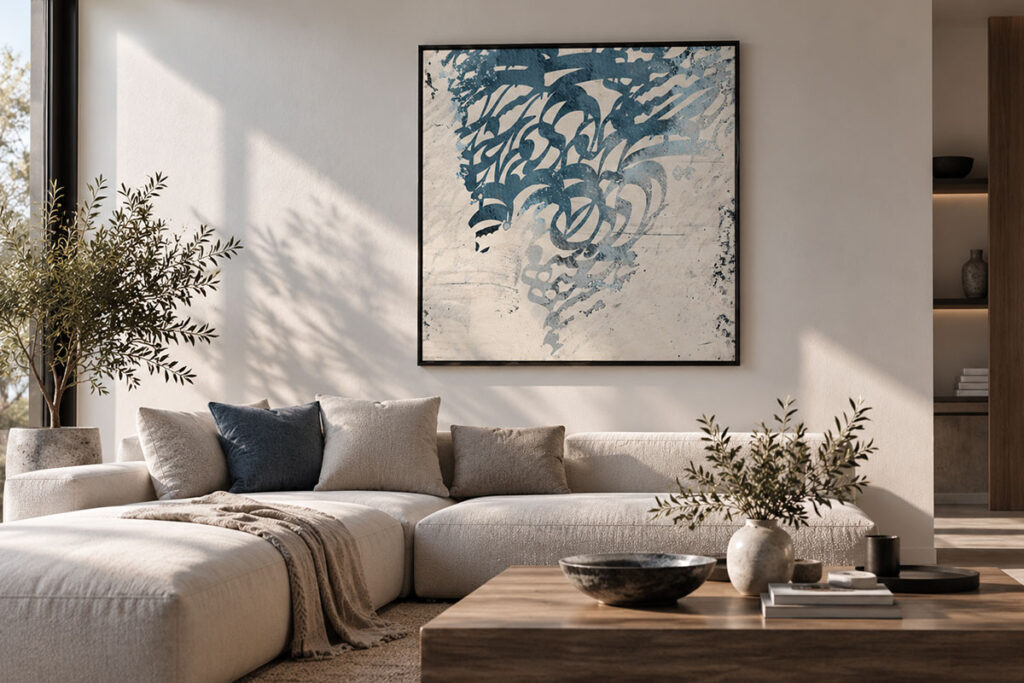 Wall art displayed in a contemporary living room