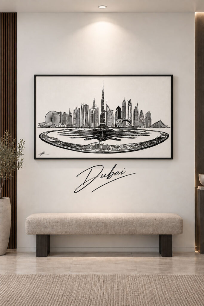 Dubai-inspired wall art displayed in a modern interior