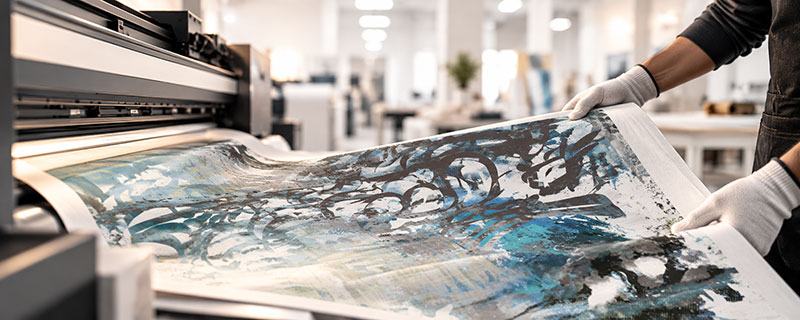 Wall art being printed on canvas in a Dubai production studio